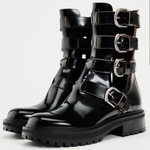 Zara leather buckle open leather boots